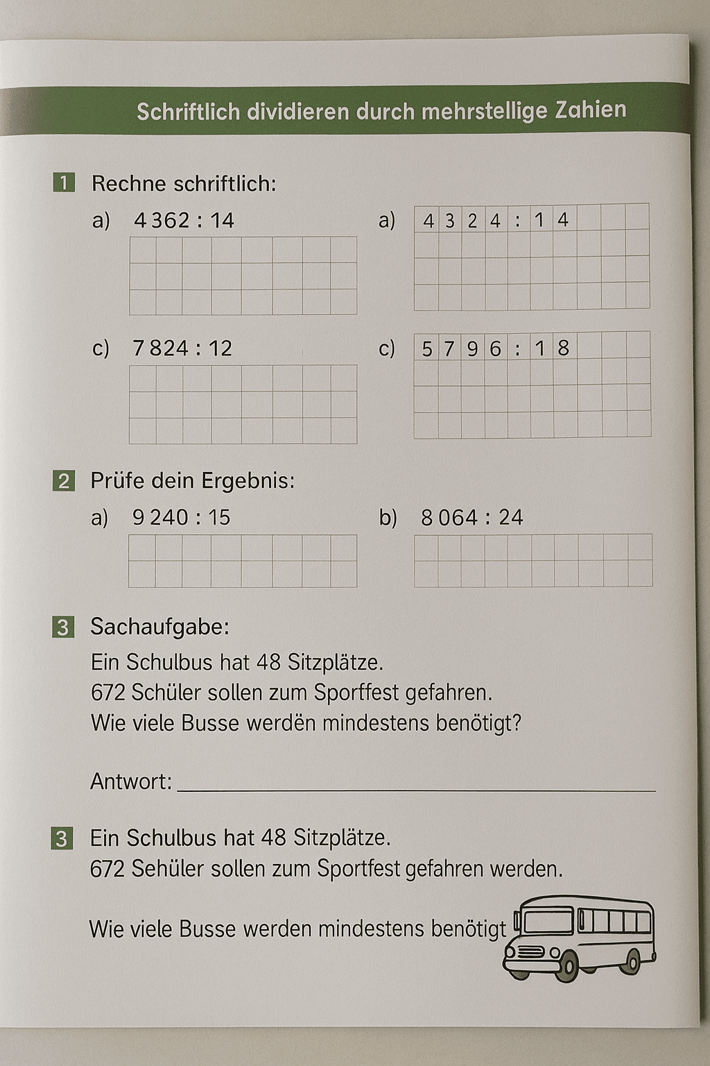 Clear worksheet with table and text-based math problems